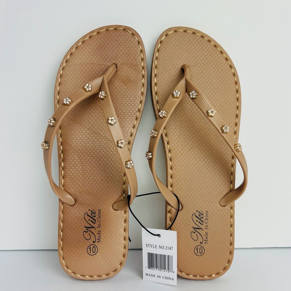 NWT Flip Flops Women's 10 Tan Rose Gold Rhinestone Cushion Rubber Sole Sandals
